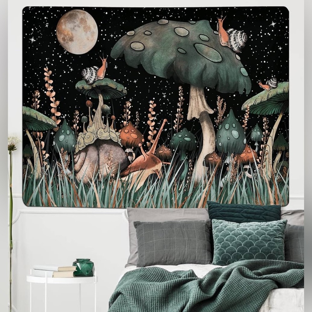 Enchanted Forest Tapestry with Snails and Mushrooms